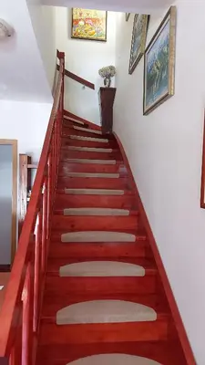 a stairway with red wooden steps and paintings on the wall at Apartma pri Gradu in Brežice