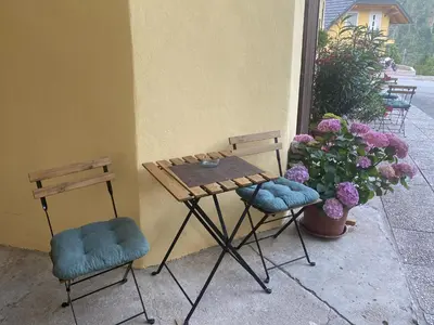 a table and two chairs next to a wall with flowers at Frida's Old House in Bled