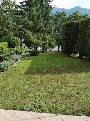 a lawn with trees and bushes in a yard at Apartment Mojca in Bovec