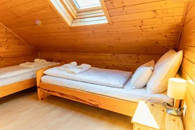 a bedroom with two beds in a wooden cabin at Bella Mura Nature Chalet I27 in Podčetrtek