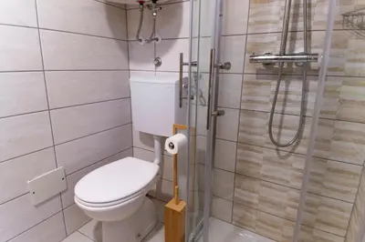 a small bathroom with a toilet and a shower at Bella Mura Nature Chalet I27 in Podčetrtek