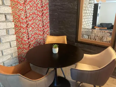 a black table and chairs with a potted plant on it at The Lodge in Rogaška Slatina