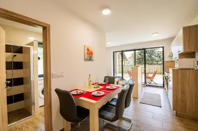 a dining room and kitchen with a table and chairs at Apartmaji BANONIA in Veržej