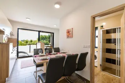 a kitchen and dining room with a table and chairs at Apartmaji BANONIA in Veržej