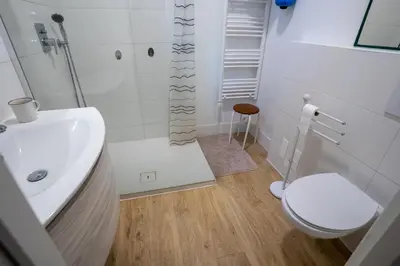 a bathroom with a toilet and a sink and a shower at Violet's Place in Črni Kal