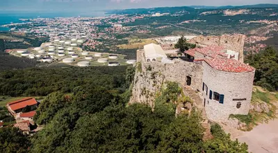 an aerial view of a building on a mountain at Violet's Place in Črni Kal