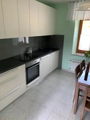 a kitchen with white cabinets and a stove top oven at Apartmaji Klabjan - Kaki in Osp