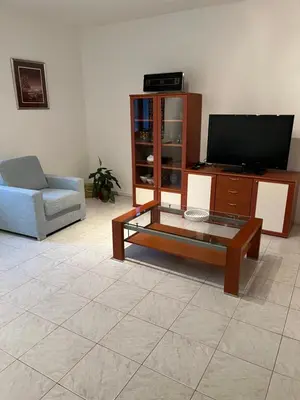 a living room with a tv and a coffee table at Apartmaji Klabjan - Kaki in Osp