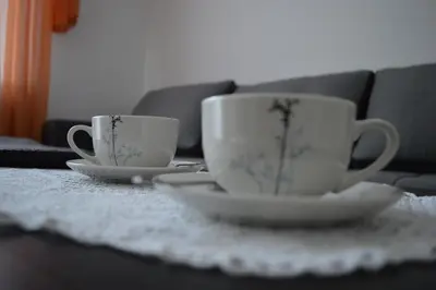 two cups and saucers sitting on a table at Apartma Patrik in Kobarid