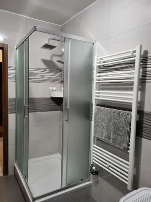 a shower with a glass door in a bathroom at Apartma Patrik in Kobarid