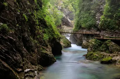 a bridge over a river in a canyon at Apartment Mavrica Bled in Bled