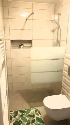 a bathroom with a toilet and a glass shower at Studio EMMA Ljubljana - FREE parking, AC, Wifi in Ljubljana