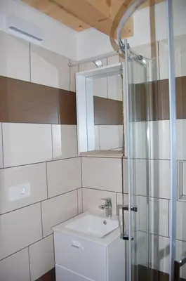a bathroom with a sink and a glass shower at Apartma HIŠKA in Dobravlje