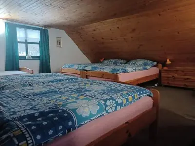 a bedroom with two beds in a log cabin at Hiška ob potoku in Dobrna