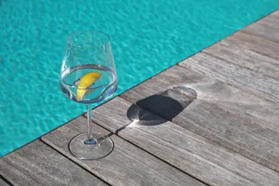 a glass of wine next to a swimming pool at VILLA ZEROU in Kojsko