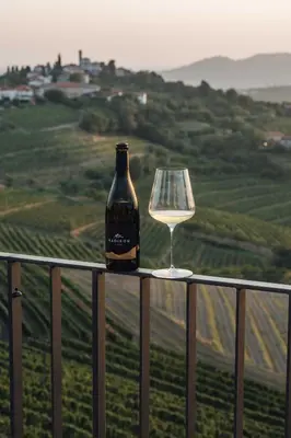 a bottle of wine and a wine glass on a rail at VILLA ZEROU in Kojsko