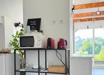 a kitchen with a microwave and a tv on a shelf at Deerwood-Sky Attic with Bled Castle View-NO KITCHEN in Bled