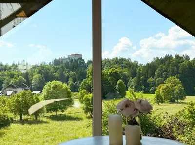 a window with a view of a field and trees at Deerwood-Sky Attic with Bled Castle View-NO KITCHEN in Bled