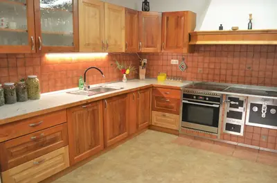a kitchen with wooden cabinets and a stove top oven at Healing Farm in Gorenja Vas