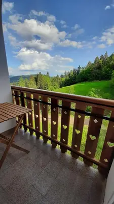 a balcony with a table and a view of a green field at Healing Farm in Gorenja Vas