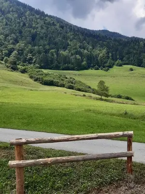 a wooden bench sitting on the side of a road at Apartma LUPIS in Podvolovljek