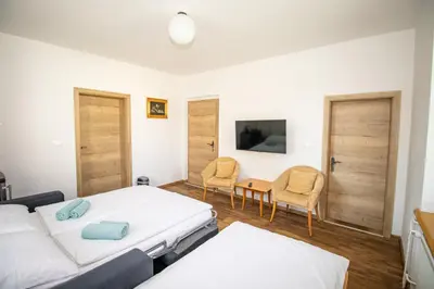 a bedroom with two beds and two chairs at Vila Eva Lesce - Bled in Lesce