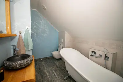 a bathroom with a bath tub and a toilet at Vila Eva Lesce - Bled in Lesce