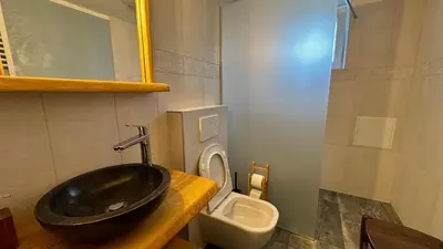 a bathroom with a black sink and a toilet at Vila Eva Lesce - Bled in Lesce