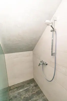 a bathroom with a shower in a attic at Vila Eva Lesce - Bled in Lesce