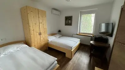 a small room with two beds and a television at Vila Eva Lesce - Bled in Lesce
