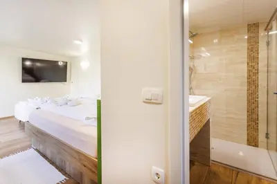 a bathroom with a bed and a tub and a shower at Mobile House Vegov hram in Dol pri Ljubljani