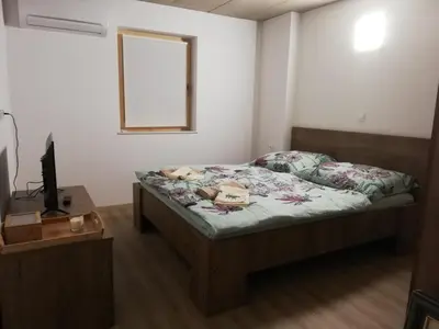 a bedroom with a bed and a television in it at Sobe, Rooms B&B - Vina Kauran in Zgornji Jakobski Dol