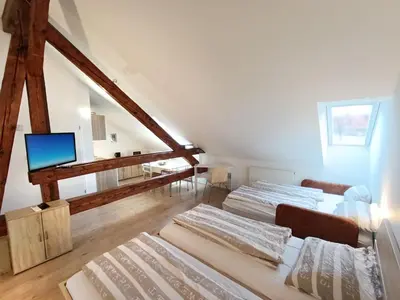 a attic room with two beds and a flat screen tv at Apartments Katrca Ljubljana in Ljubljana