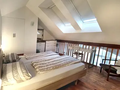 a large bed in a room with a skylight at Apartments Katrca Ljubljana in Ljubljana