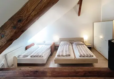 two beds in a room with a attic at Apartments Katrca Ljubljana in Ljubljana