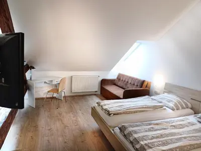a small bedroom with two beds and a couch at Apartments Katrca Ljubljana in Ljubljana