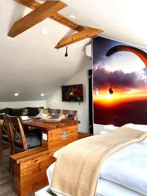 a bedroom with a bed and a desk and a tv at BeeWood apartment in Križe