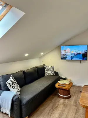 a living room with a couch and a tv on the wall at BeeWood apartment in Križe