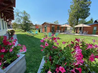 a garden with pink flowers in a yard at Villa Ruska dača in Ljubljana
