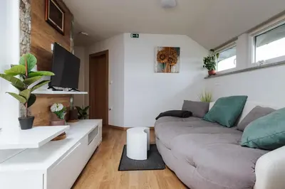a living room with a couch and a tv at Tanja s Holiday Home in Nature with sauna and hot tub in Gorica pri Slivnici
