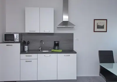 a kitchen with white cabinets and a sink at Apartmaji Anita in Begunje pri Cerknici