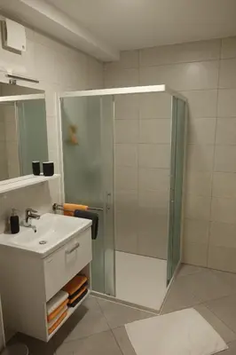 a bathroom with a glass shower and a sink at Apartmaji Anita in Begunje pri Cerknici