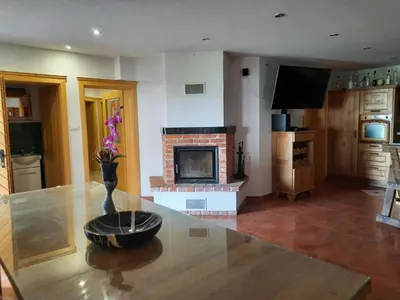 a living room with a table and a fireplace at Country House Zemljanka in Šentrupert