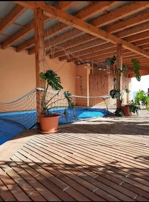 a patio with potted plants on a wooden deck at Country House Zemljanka in Šentrupert
