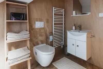 a bathroom with a toilet and a sink at APARTMAJI GORENC in Bled