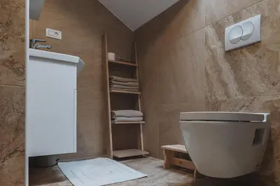 a bathroom with a white toilet in a room at APARTMAJI GORENC in Bled