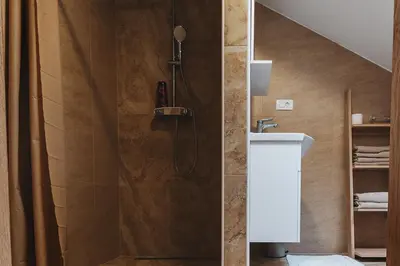 a bathroom with a shower and a sink at APARTMAJI GORENC in Bled