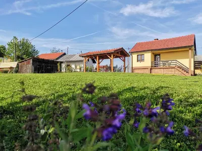 a house in a field with purple flowers at Počitniška hiša Pavlek in Ivanjkovci
