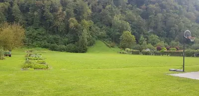 a park with a basketball hoop in the grass at Hiša stare mame in Kamnik