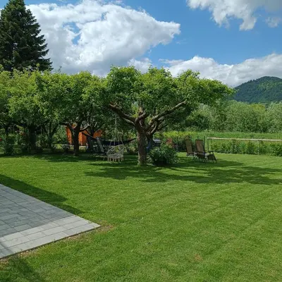 a lawn with chairs and a tree in a yard at Apartments Mici in Bled
